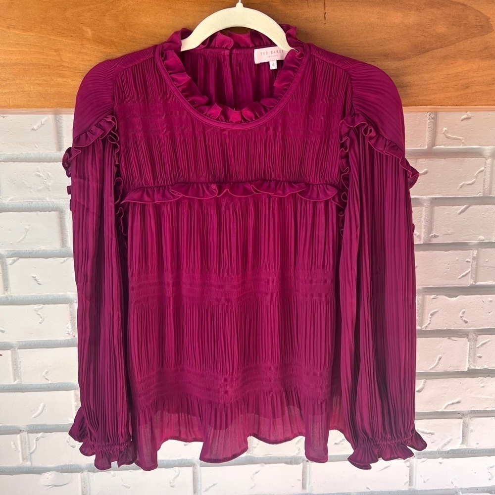 Ted Baker Airlie Pleated Smocking High Neck With Ruffle Top Blouse, Deep Pink, 4